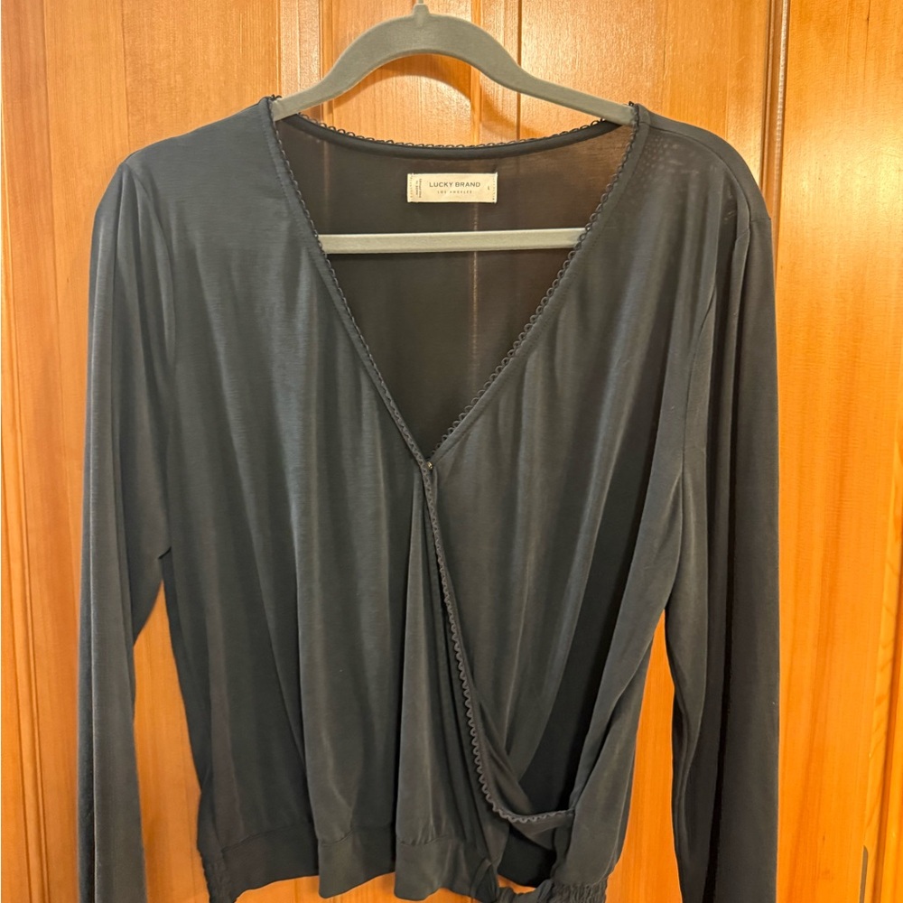 Lucky Brand Black Draped Wrap-Style Long Sleeve Top